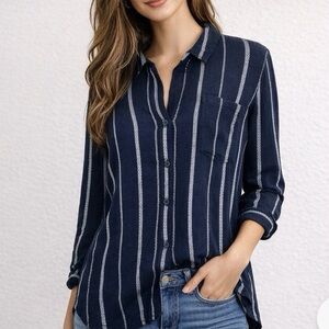 Catherine Malandrino Navy White Stripe Blouse High-Low Hemline Size S NWT